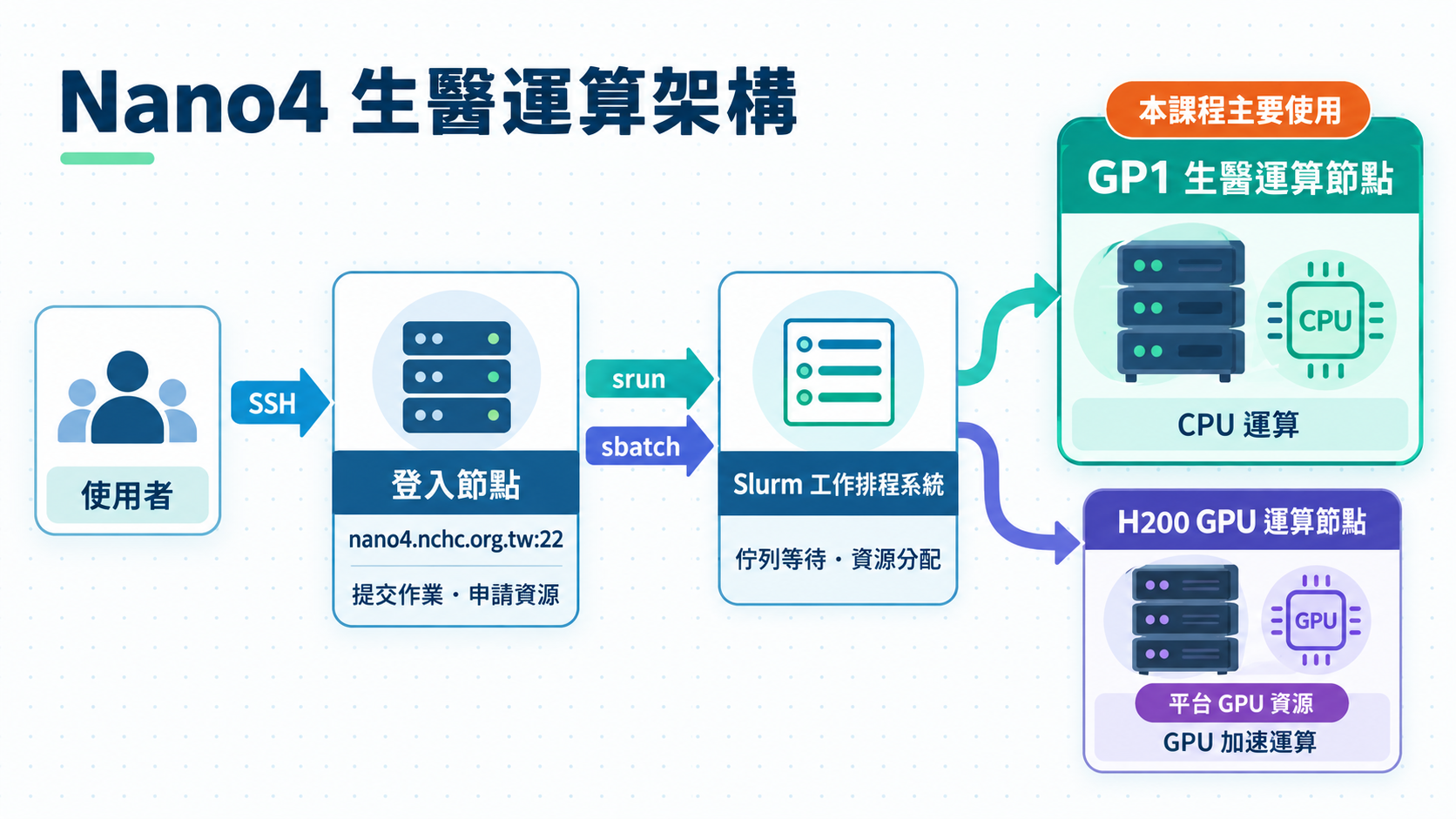 Nano4 生醫運算架構：使用者經 SSH 登入登入節點，以 sbatch / srun 交給 Slurm 排程，再分配到 GP1 生醫 CPU 節點或 H200 GPU 節點